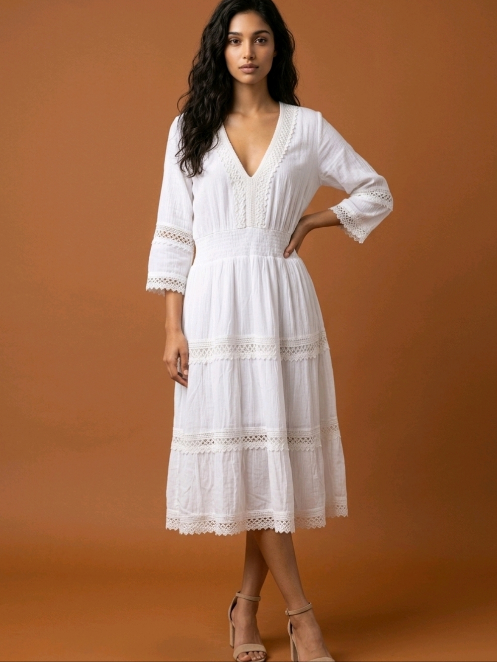 Cute Options White Lace Trim Midi Dress V- Neck  Large